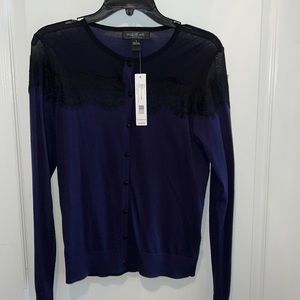 August Silk NWT lace cardigan sweater. Navy blue and black sheer lace. Size: S